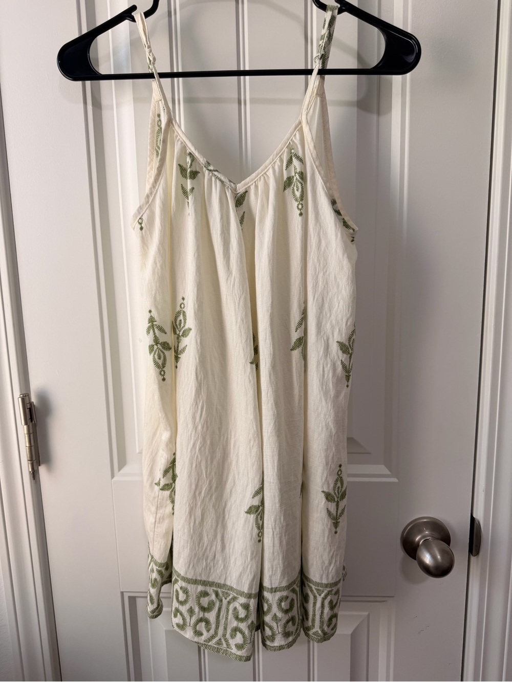 Cream Slip Romper with faux Green Embroidery